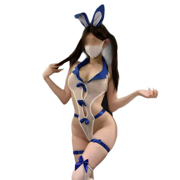 Woman wearing elegant bunny girl lingerie set with blue accents, thigh-highs, and mask – seductive jk-inspired sleepwear for ...