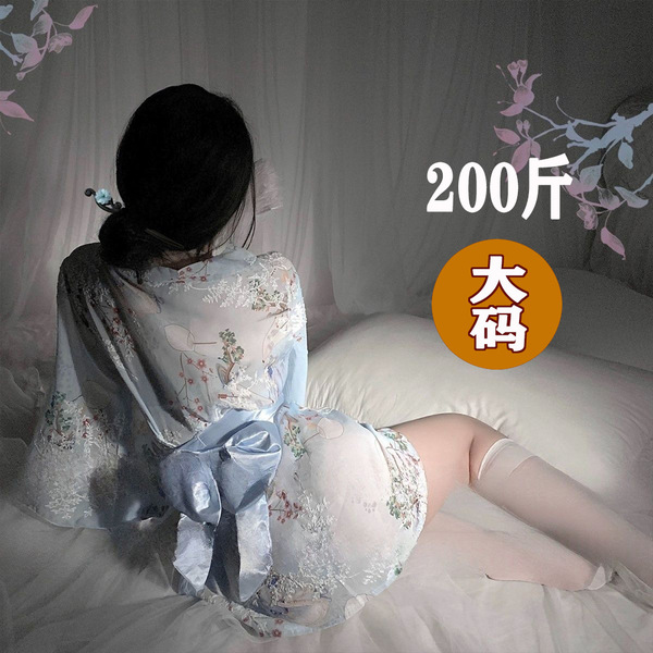 Sexy japanese kimono style deep v robe with floral print, double-child plus size lingerie set, 200