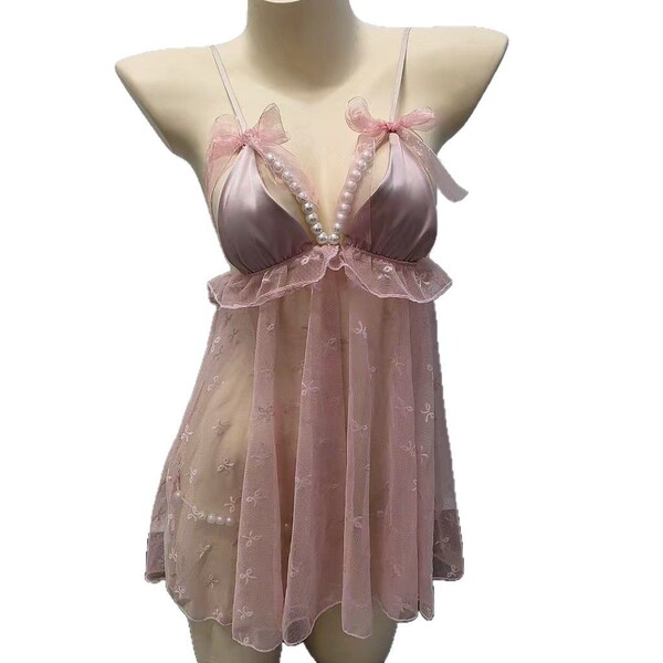 Sheer pink bridal sleepwear set with pearl accents and bow details, designed for plus size elegance.