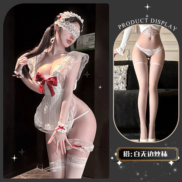 Golden Night Bowknot Maid Lingerie Dress - Sweet & Sensual Sheer Bust Corset Style Erotic Outfit - Butterfly Strawberry ~ + White Boundless Stockings