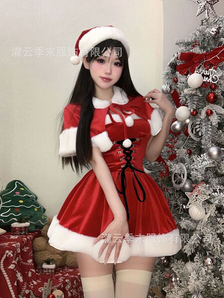 Velvet Sweet Mood Lingerie Set - Christmas Red Robe with Waist-Cinching Cape for Festive Winter Romance - Dress + Santa hat + shawl + stockings