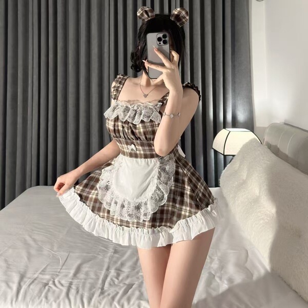Qiaoduo Schoolgirl Maid Costume - Sexy Lace Trim Split-Back Plaid Dress Cosplay Outfit - Dress + Ears + Underwear