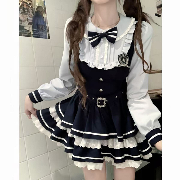 Sweet Lace Doll Collar Bow Dress for Women – American Preppy Style Spring Fall A-Line Waist-Cinching Mini Dress - Dress (high quality)