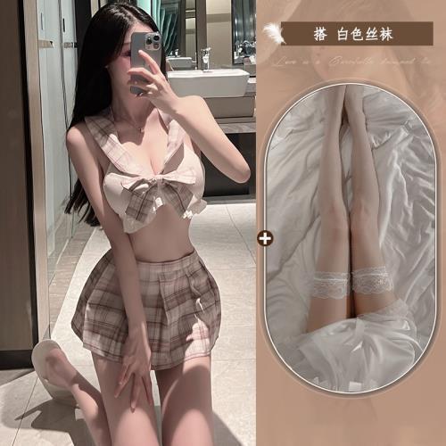 Cute Plaid JK Skirt Outfit - Schoolgirl Style Summer Lace-Up Hollow Student Uniform Dress - [Top + Skirt + T-shirt + Stockings]