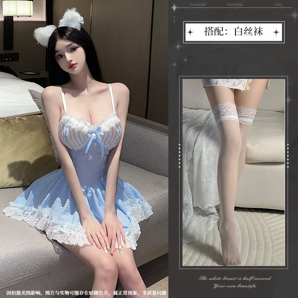 Blue Maid Costume for Women - Sexy Pure Desire Plaid Dress, Flirty Petticoat Mini Dress for Role Play & Cosplay - dress + white stockings