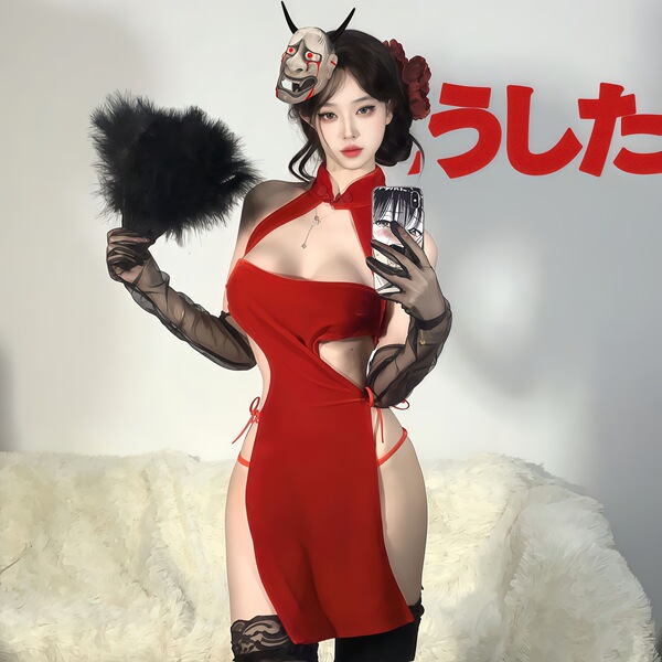 Seductive red silk velvet high-slit cheongsam lingerie with black lace gloves and mask, perfect for chinese-style costume out...