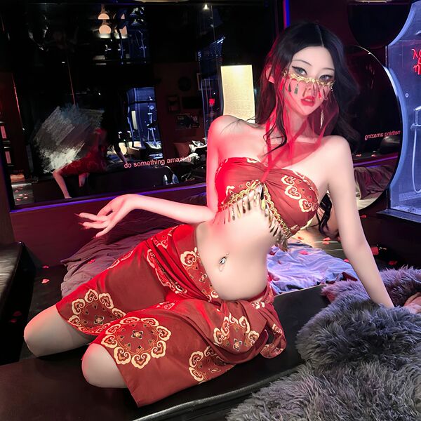 Woman in red dunhuang flying apsara erotic lingerie set with gold embroidery, sheer hanfu-inspired bodysuit, posing on bed.