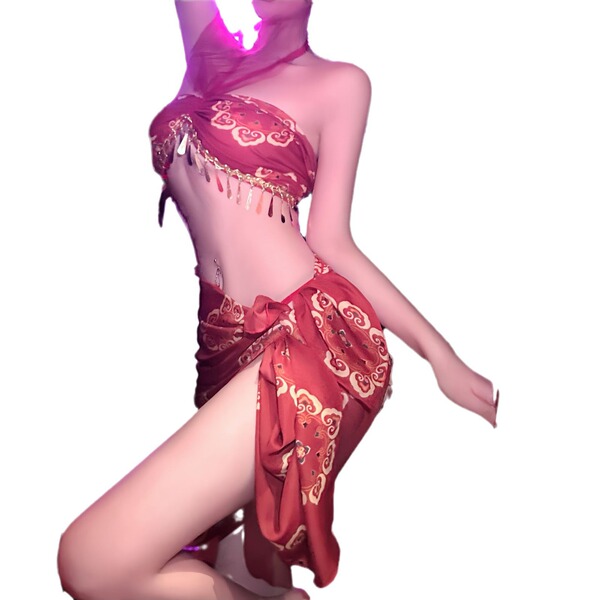 Sheer red hanfu-inspired bustier and skirt with gold embossing, dunhuang flying apsara lingerie set for plus size exotic cost...