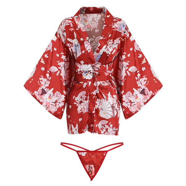 Sexy lace lingerie set featuring a red kimono-style robe with floral patterns and matching bottoms, perfect for women seeking...