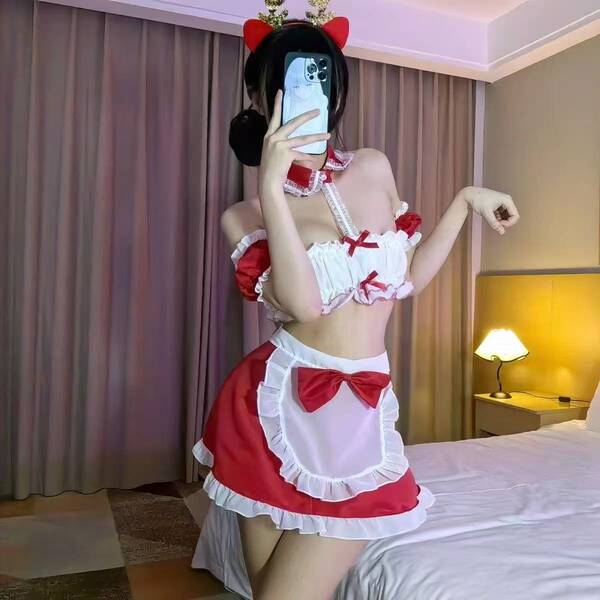 Sexy New Year Christmas Costume Lingerie Velvet Nightgown Role Play Outfit Set - 437 [Ears + Tube Top + Apron + Bracelet]