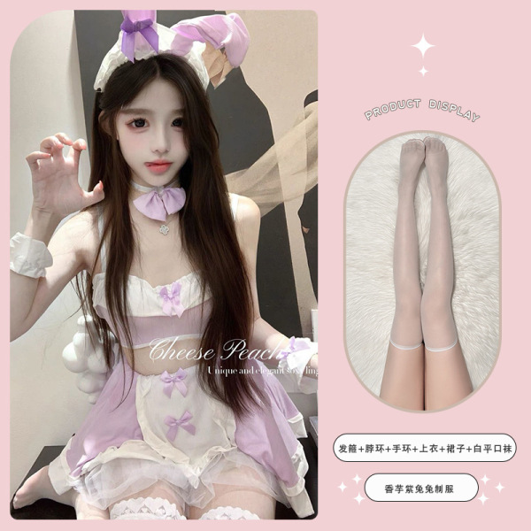 Pure & Playful Bunny Girl Lingerie Set – Sexy Cute Sleepwear Outfit for Women, Seductive Costume Style - Taro purple outfit + white flat socks