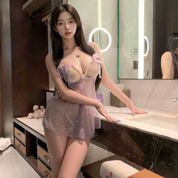 Pure & Seductive Pearl Sheer Lace Sleep Dress – Sensual Floral Print Bedroom Lingerie for Women - Taro purple + white stockings
