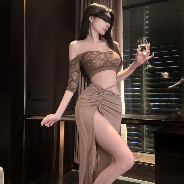 Elegant womens sensual lingerie set featuring a sparkling halter top with lace detailing and matching bottoms, perfect for ro...