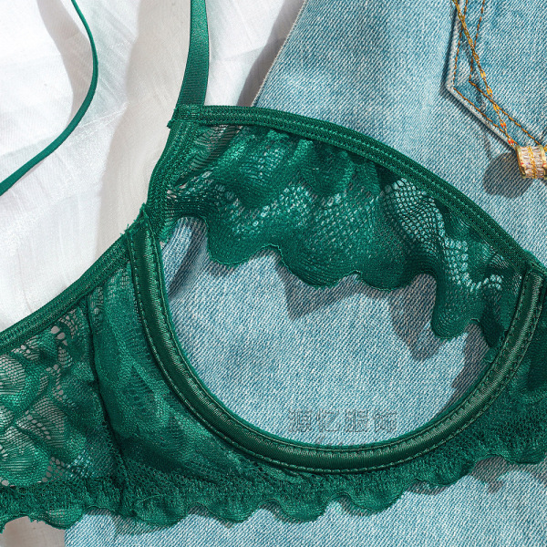 Emerald green lace bralette from european-style aesthetic bodysuit set, featuring sheer minimalist design with scalloped edge...
