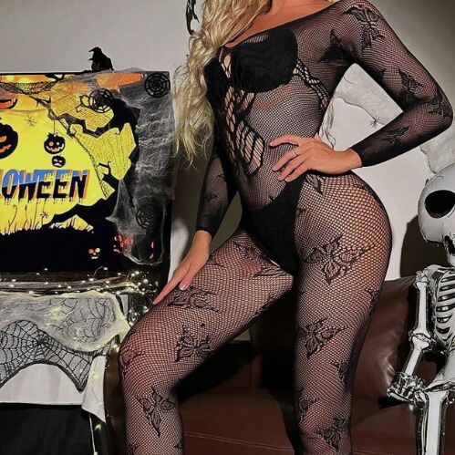 Woman wearing black lace cut-out bodycon mini skirt set with halter backless design, styled for halloween with skeleton decor...