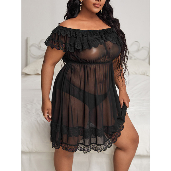 European-style lace sexy sleepwear set featuring an off-shoulder sheer nightgown with matching lace-trimmed lingerie, perfect...