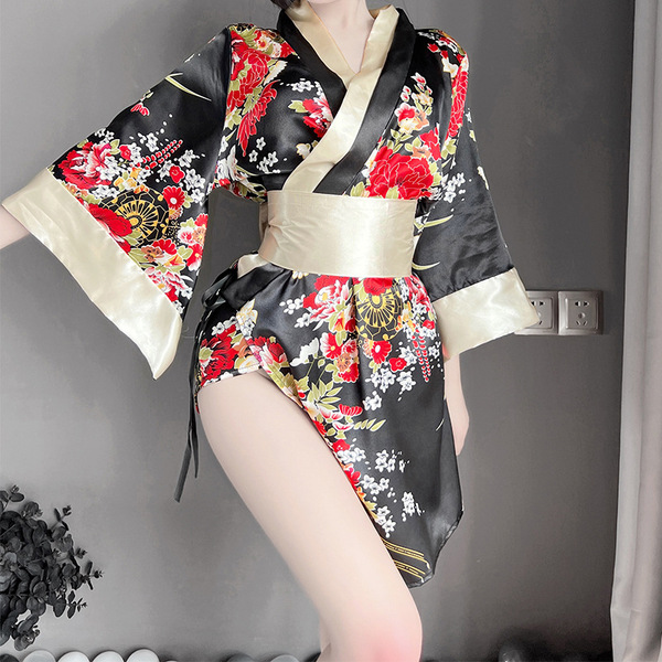 Exotic japanese kimono lingerie set - seductive role play outfit for women, sexy costume with elegant floral design and silk ...