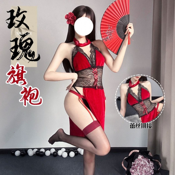 Exotic lace sheer high-waist split cheongsam costume set - rose dancer erotic lingerie outfit featuring intricate lace detail...