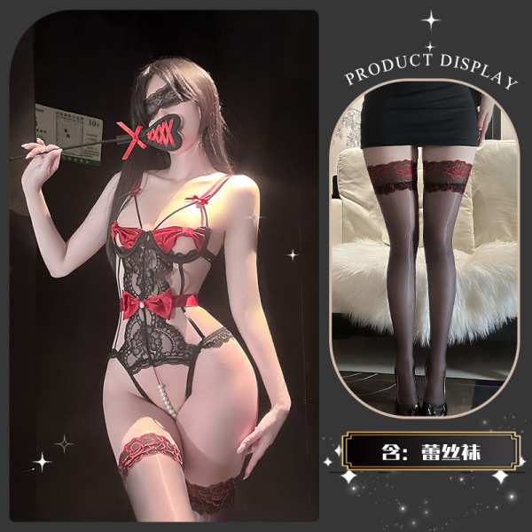 Pure & Playful Lace Lingerie Set with Pearl Accents and Bow Detail - Seductive Matching Bra and Bodysuit - Dead Leaf Butterfly * Red + Black Bodysuit