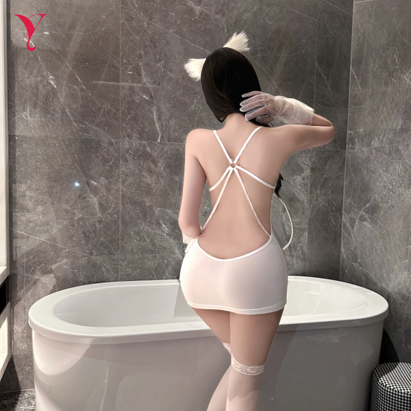 Fei niao kui yue sexy lace backless sleep dress - seductive sheer nightgown with detachable uniform-inspired design