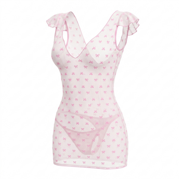Sheer pink bodycon dress with bow print, ruffled straps, and v-neck. fei niao kui yue pure temptation lingerie set.