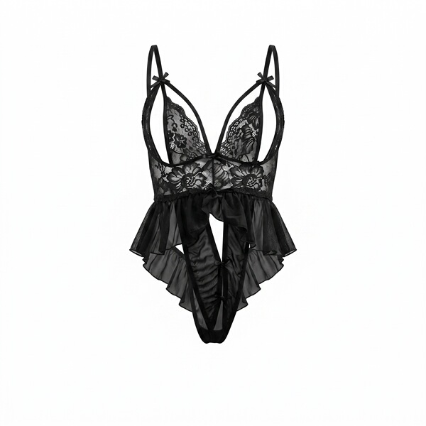 Black lace open-crotch bodysuit with floral detailing and ruffled hem, part of the fei niao moon gaze lingerie set.