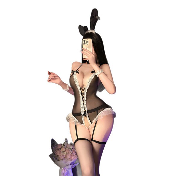 Fei niao moon gazer sexy bunny costume - sheer lace bodysuit with ties & open crotch for small busts, pure temptation