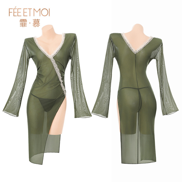 Feimu miji chinese zen deep v-neck cheongsam dress - sensual no-remove sleepwear with slit & mandarin collar, elegant green d...