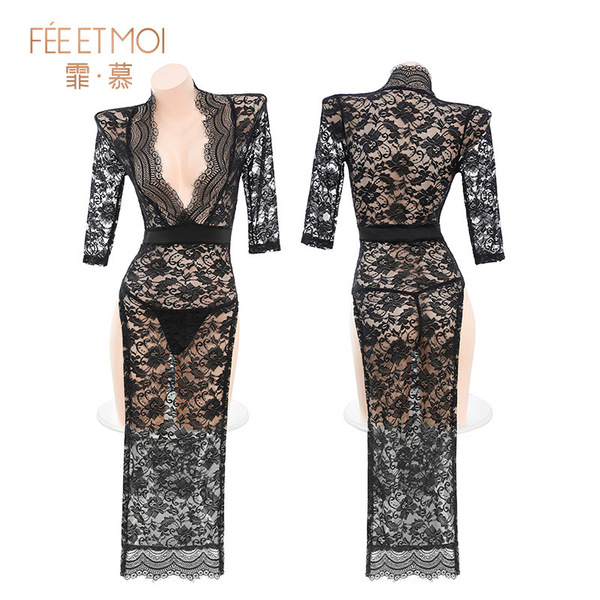 Feimu plus size deep v-slit sheer lace dress - sexy lingerie with cheeky cutout & no-remove design