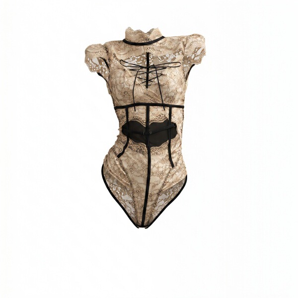 Feiniao moon gazer sexy lace bodysuit with sheer cut-out back and elegant black trim details.