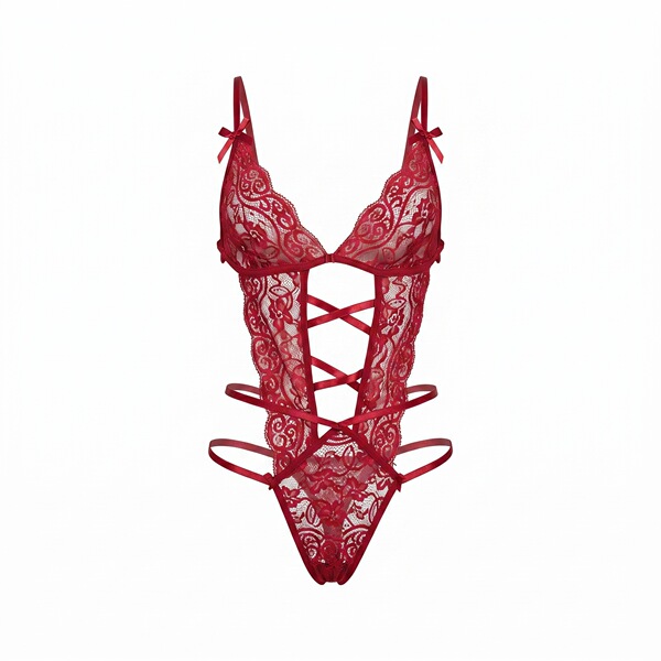 Red lace bodysuit with crisscross straps and bow details, perfect for valentines day romance.