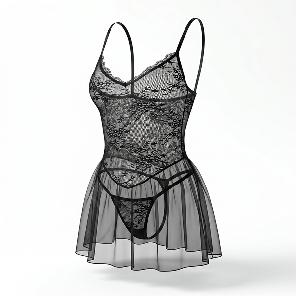 Feiniao moon gazer sexy lingerie set featuring sheer mesh lace slip dress with black stockings, perfect for seductive sleepwe...