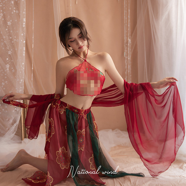 Seductive Chinese Dance Costume Set - Sheer Hanfu-Inspired Sensual Lingerie & Silk Court Gown for Women - [Flying Set] + White Stockings