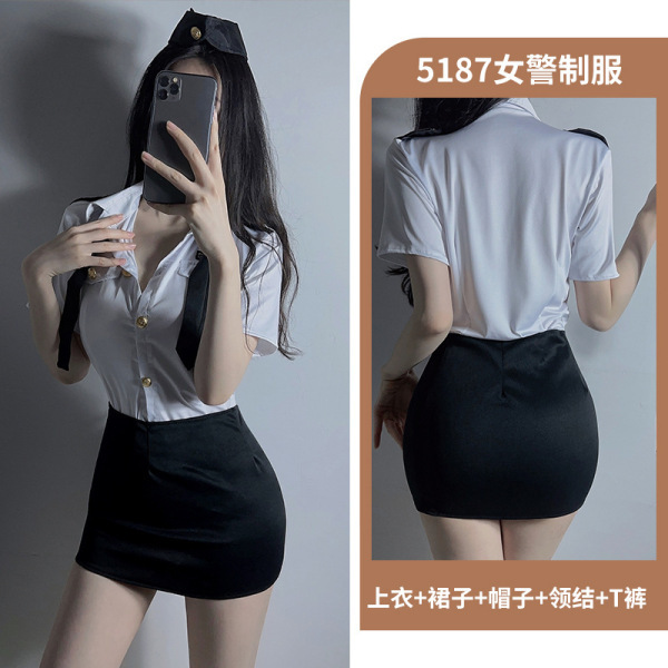 Airu Airu Sexy Flight Attendant Costume for Women - Police Role Play Skirt Set, Provocative Uniform Outfit - Policewoman uniform + black bow-tie fishnet stockings