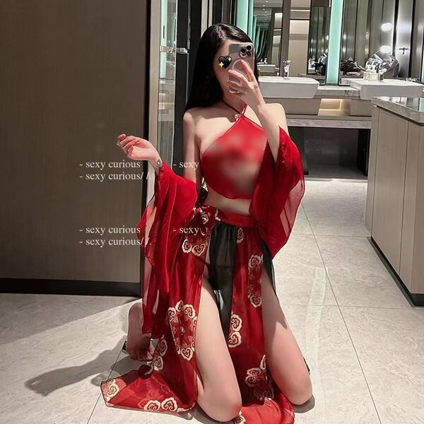 Sexy Chinese-Inspired Lingerie Set - Sheer Mesh Red Hanfu-Style Corset Dress with Overlay Top - Flying Set