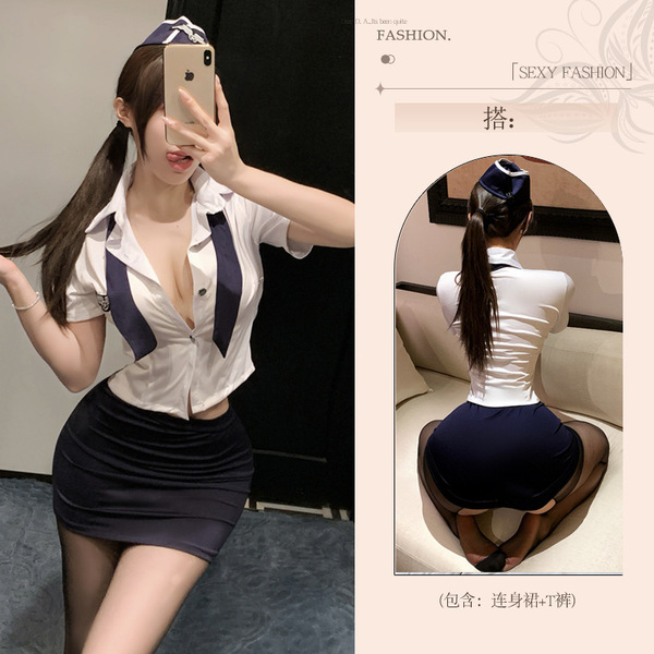 Seductive Lace Lingerie Set for Women – Sensual & Elegant Temptation Intimate Wear - Flight attendant [top + skirt + hat + tie] + white open-crotch socks