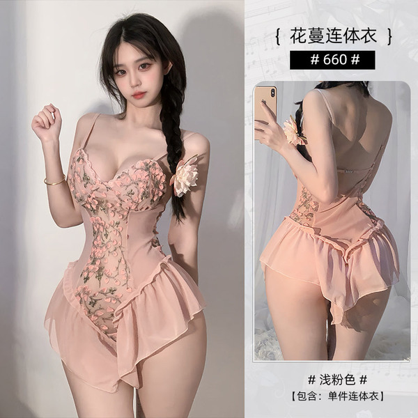 Floral Deep V Lace Bodysuit - Sexy Floral Mesh Open-Crotch Bodysuit for Women, Ballet-Style Sleepwear - Floral nightgown