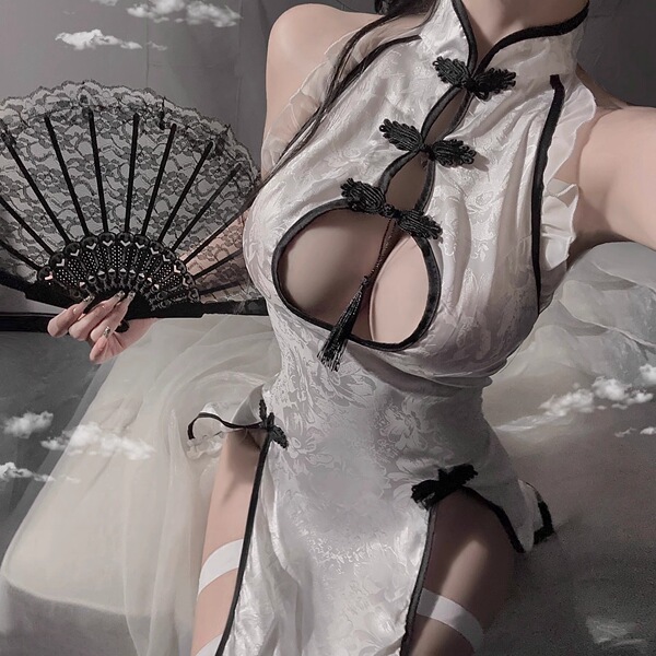 Domoila Elegant Bedtime Kimono Sleepwear Set – Seductive Lace-Trimmed Sensual Pajamas for Romantic Nights - Life is but a dream -- White [Cheongsam + T-shirt + matching fan]