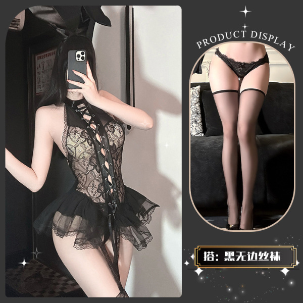 Golden Night Sexy Bunny Girl Lingerie Set – Seductive Pure-Delight Women's Erotic Underwear - Cunning Rabbit Cave* Black + Black Boundless Stockings
