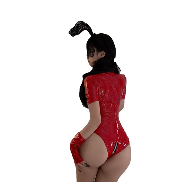 Glossy pu leather bodysuit with bunny ears for pole dancing, high-stretch shiny outfit perfect for nightclub cosplay
