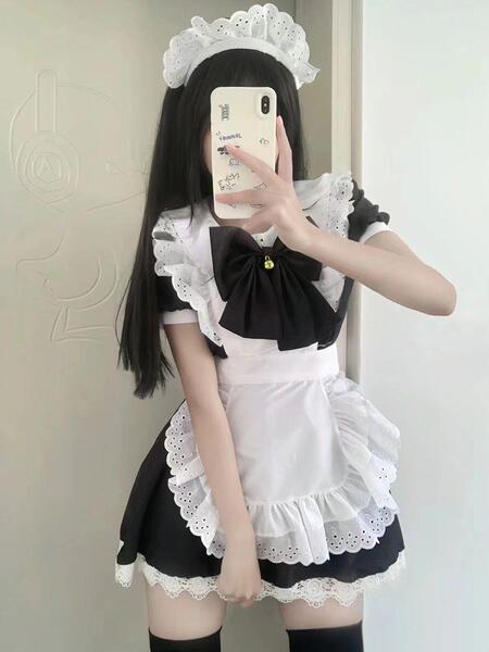 Japanese Cute Lolita Bunny Girl Cosplay Dress - Black & White Maid Outfit with Ruffled Skirt - Gold bell style + white stockings