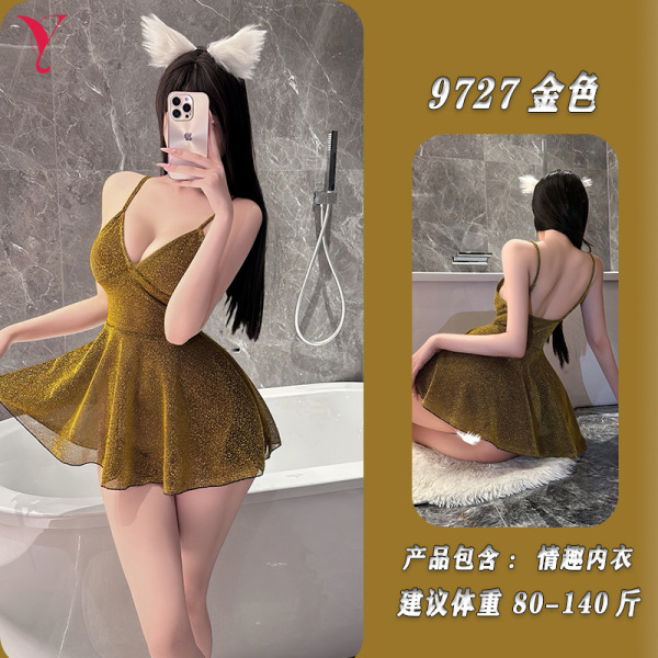 Nightse Nightse Sexy Lace Slip Dress - Shiny Clubwear Bodysuit for Small Bust, Modest Yet Alluring No-Remove Sleepwear - Gold [Slip Dress + T-shirt]
