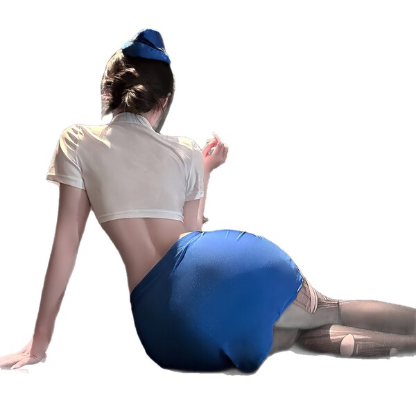 Woman in golden night air hostess lingerie set featuring a sexy uniform-style bodysuit with sheer mesh and high-waisted skirt...