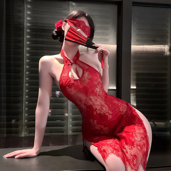 Woman in red lace golden night lace temptation lingerie, elegant split qipao style seductive underwear with fan and blindfold...