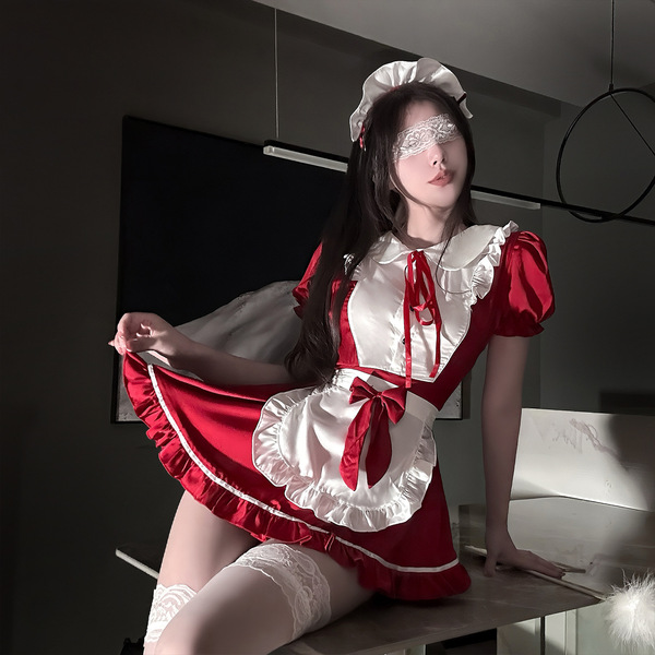 Golden night seductive lingerie set - pure & tempting butterfly maid cosplay outfit, featuring a red dress with white lace ac...