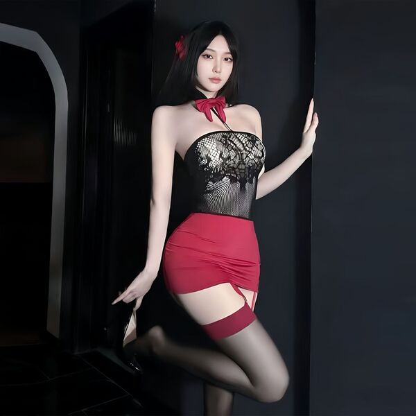 Woman modeling golden night sexy strapless lingerie set with black lace top, red skirt, and thigh-high stockings.
