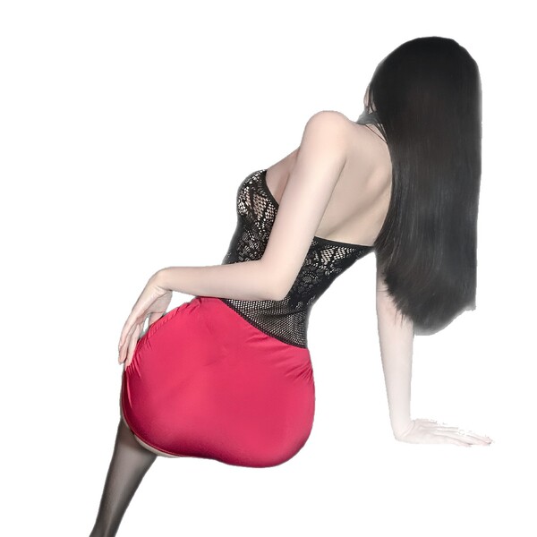 Woman in black lace strapless bodysuit with red skirt, showcasing golden night sexy lingerie set.