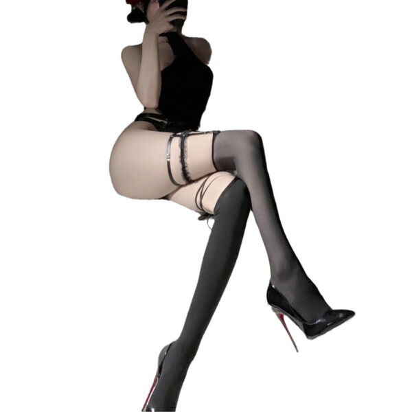 Gorgeous cloud lace-thigh high stockings featuring sexy black sheer mesh with bow-tie straps and contrast trim.