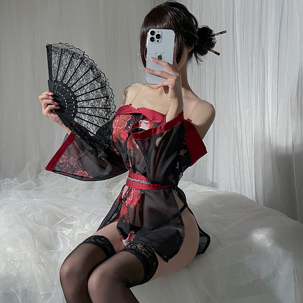 Gorgeous style sensual off-shoulder kimono sheer robe - japanese-inspired role play lingerie for women, featuring intricate l...