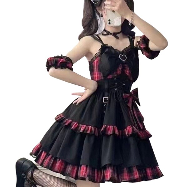 Gothic rock lolita strap dress featuring dark twin black and red plaid design with lace trimmings, perfect for edgy fashion e...